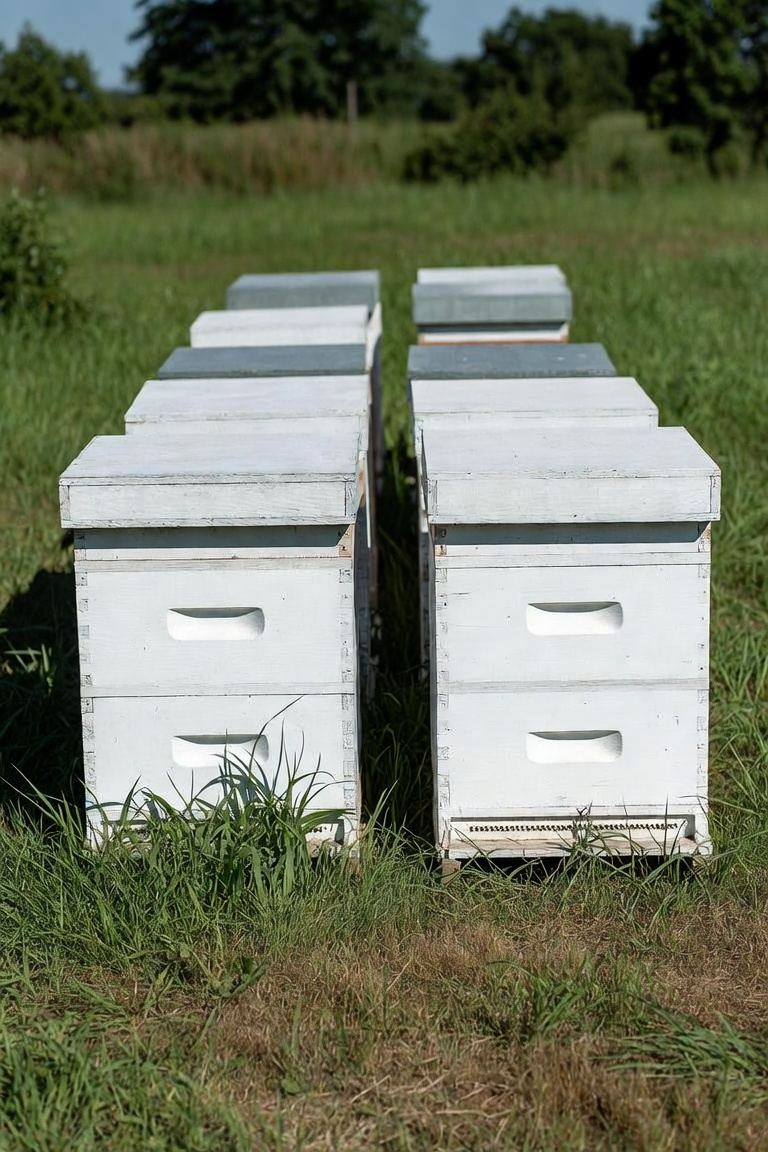 Illustration of white beehive boxes standing in summer grass