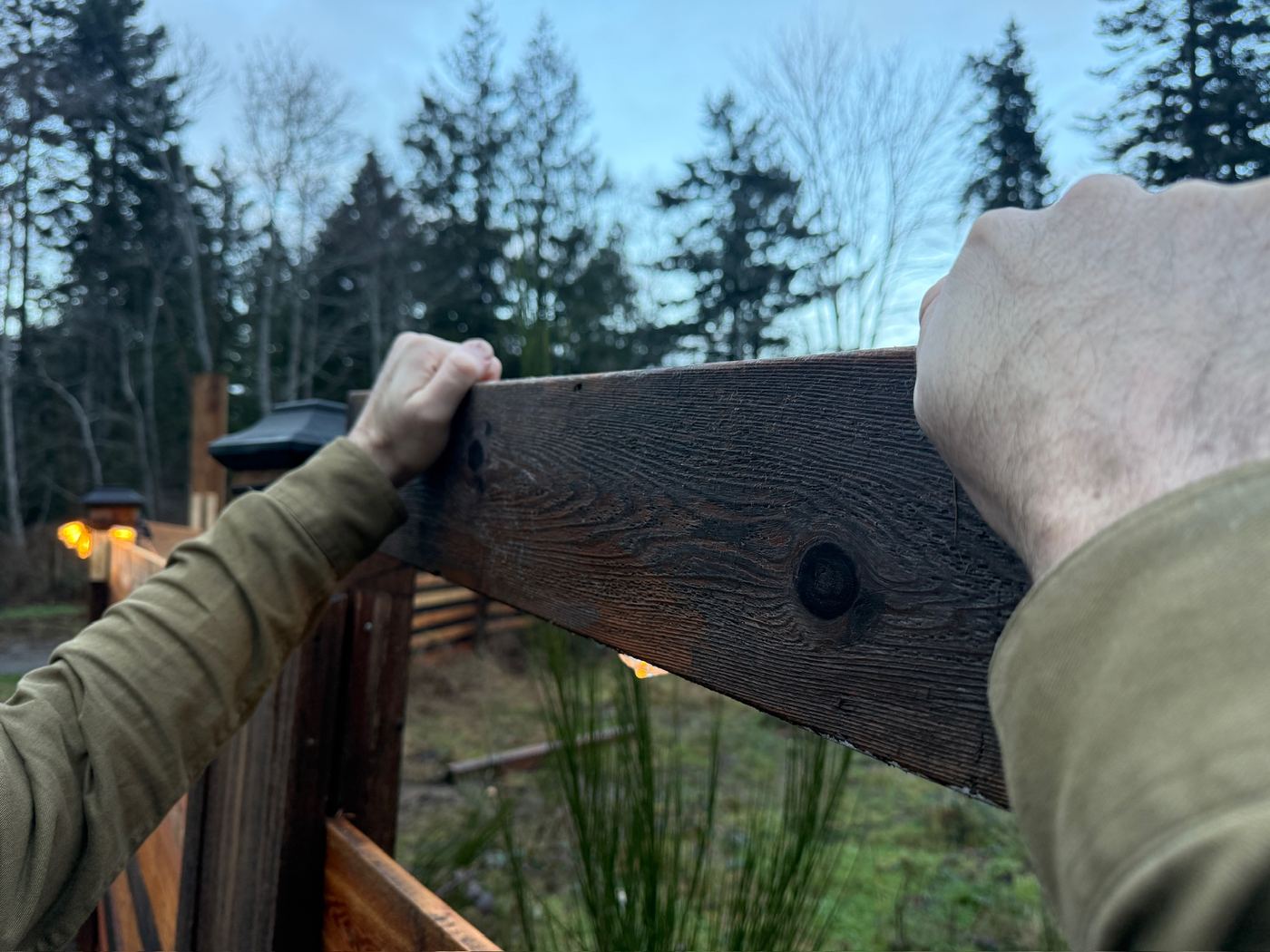 Two hands gripping a weathered fence rail at dusk